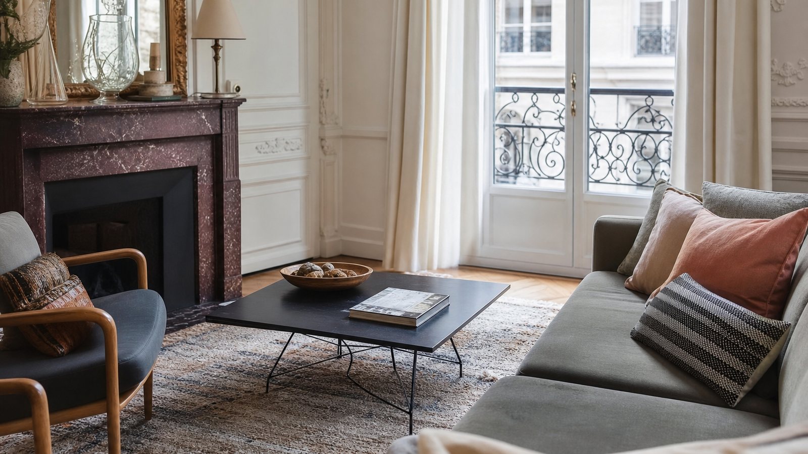 Tapis reprenant les teintes des coussins et rideaux d'un salon pour une harmonie d'ensemble