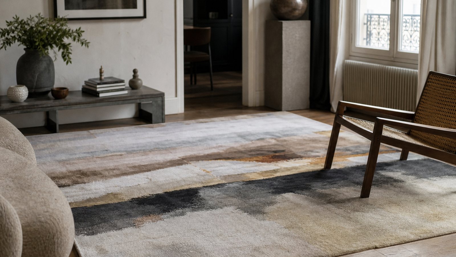 Tapis de createur aux aplats sobres ancrant un salon contemporain minimaliste et lumineux