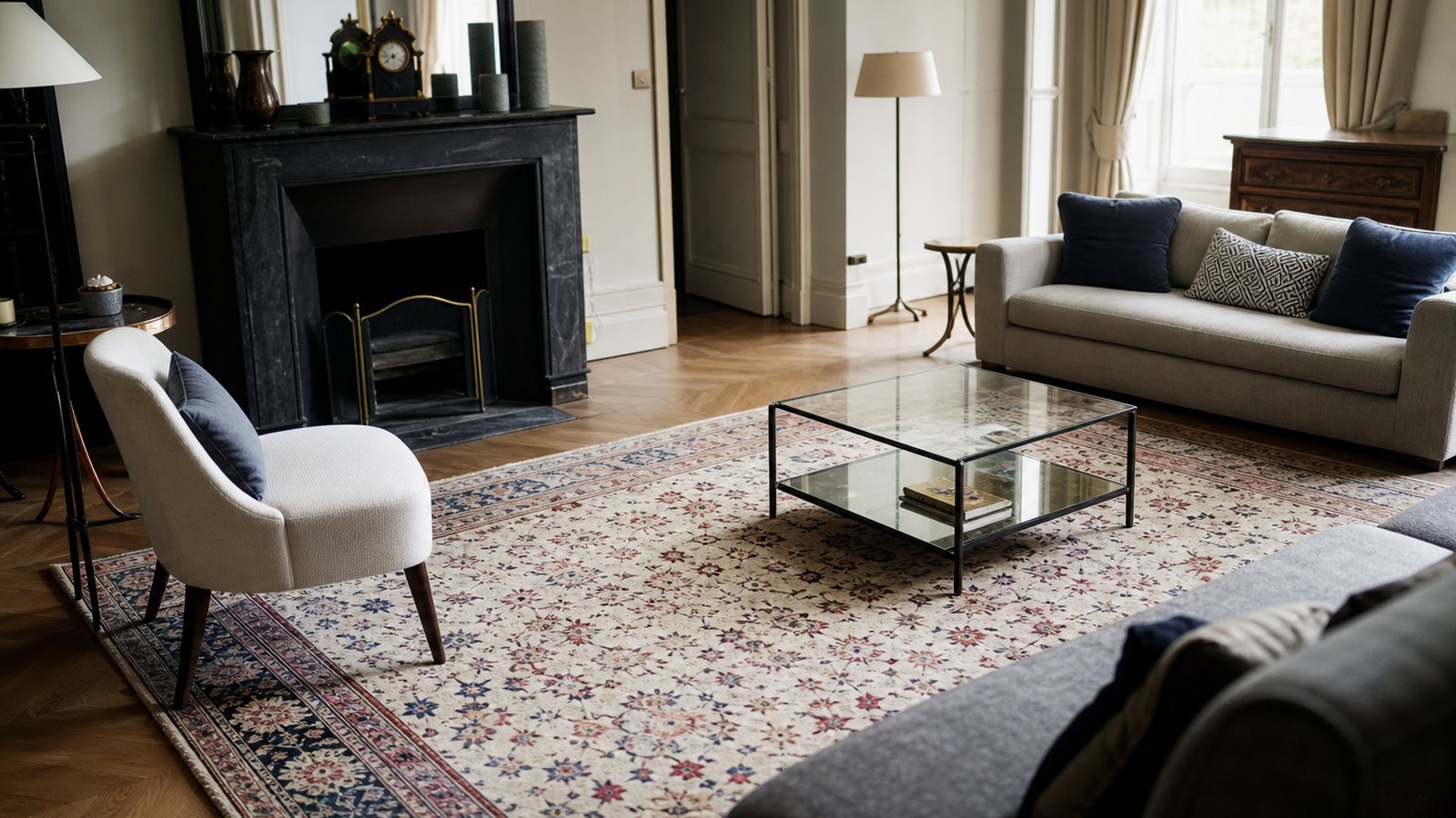 Grand tapis reliant les canapes d'un salon avec une bordure de parquet visible autour