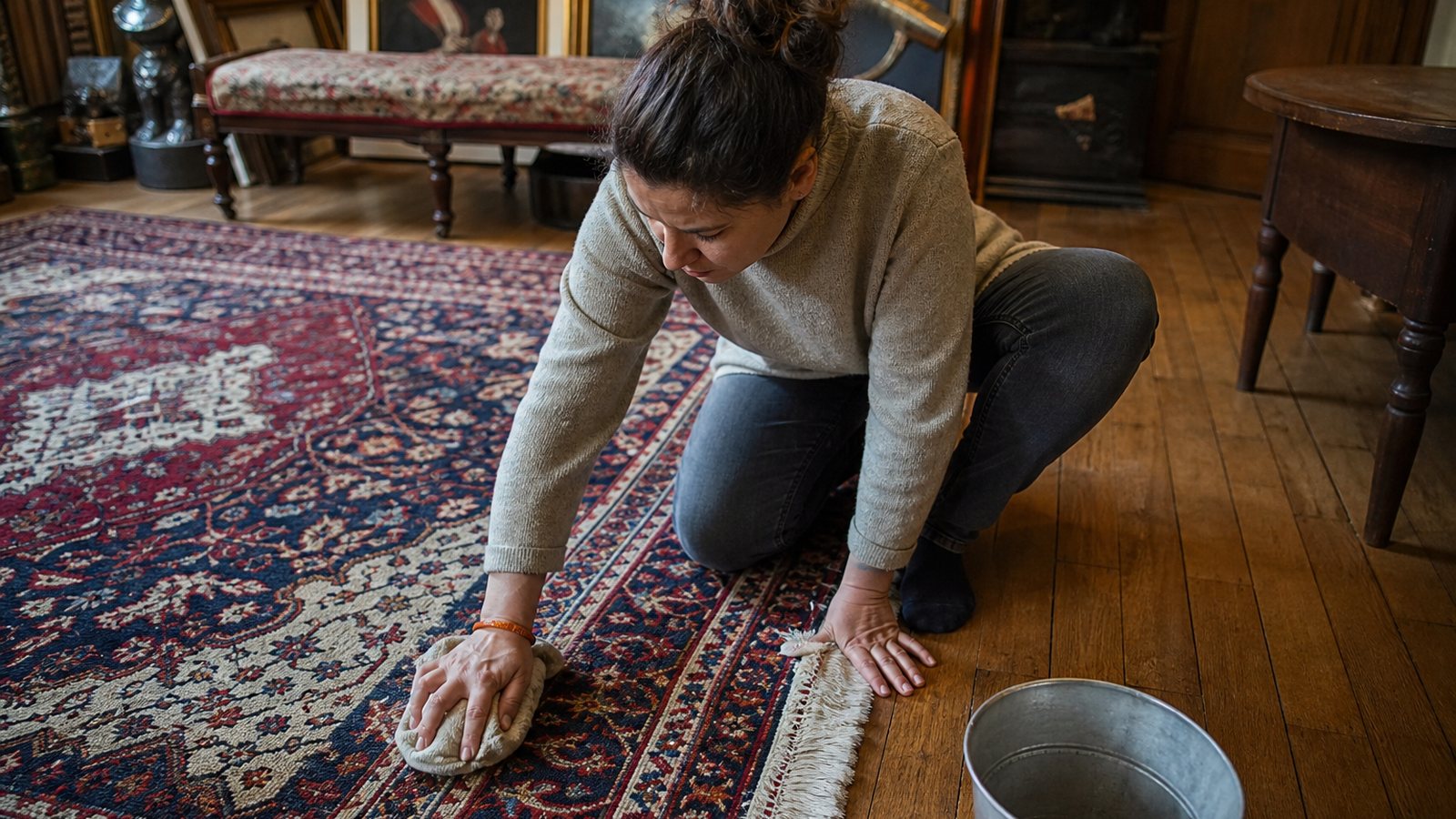Personne aspirant delicatement un tapis d'orient dans le sens des poils dans un salon