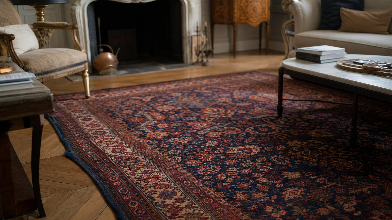 Tapis d'orient ancien a la patine profonde transmis dans un interieur familial chaleureux