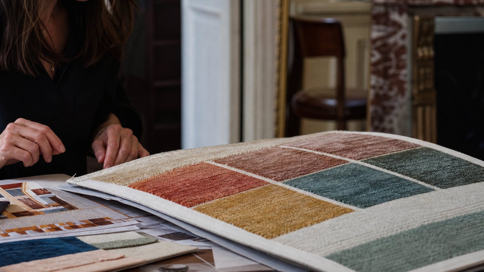 Table d'atelier avec croquis de tapis, echeveaux de laine teinte et nuancier de couleurs