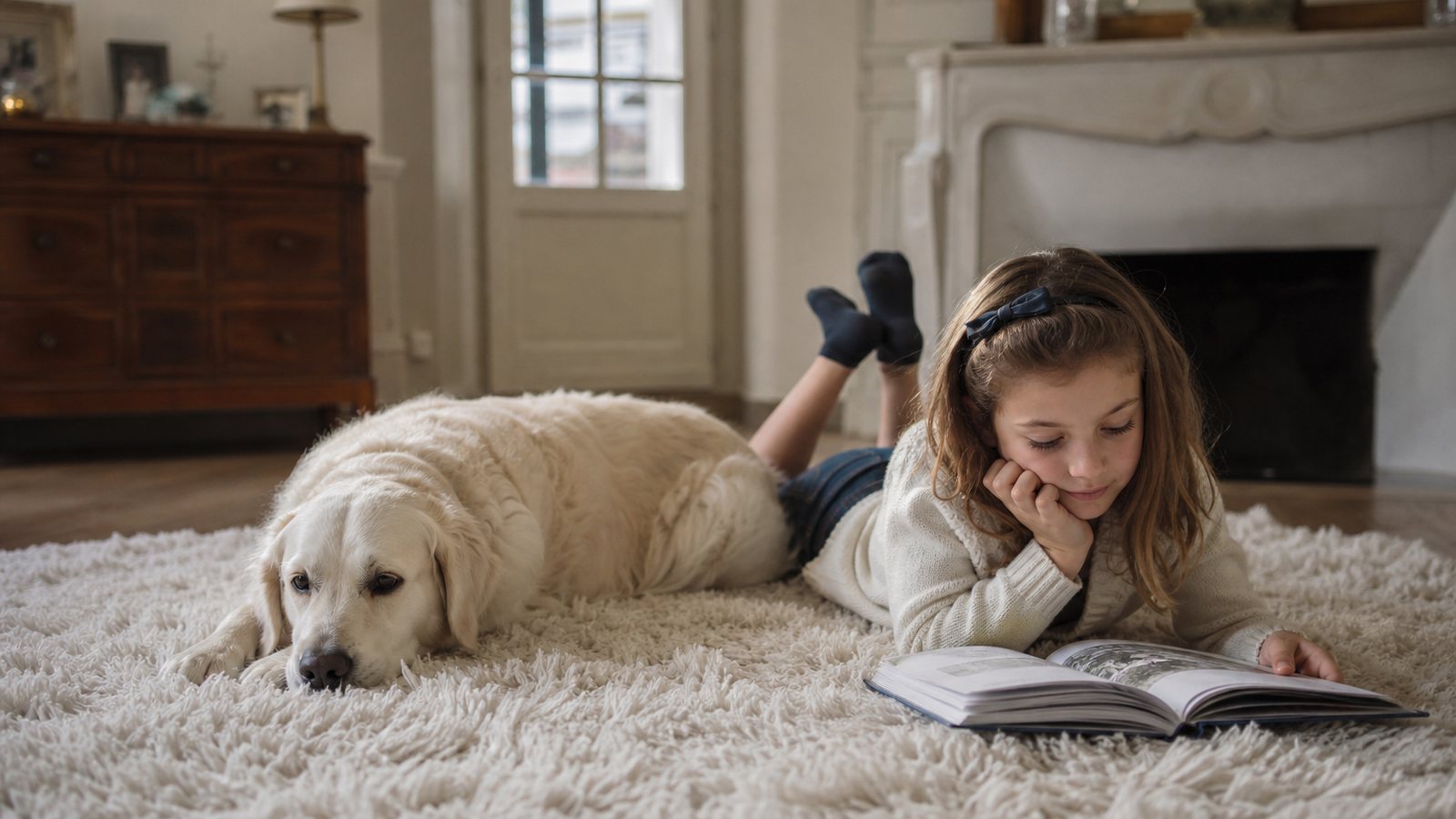 Jeune enfant et chien assis sur un tapis d'orient en laine dans un salon familial