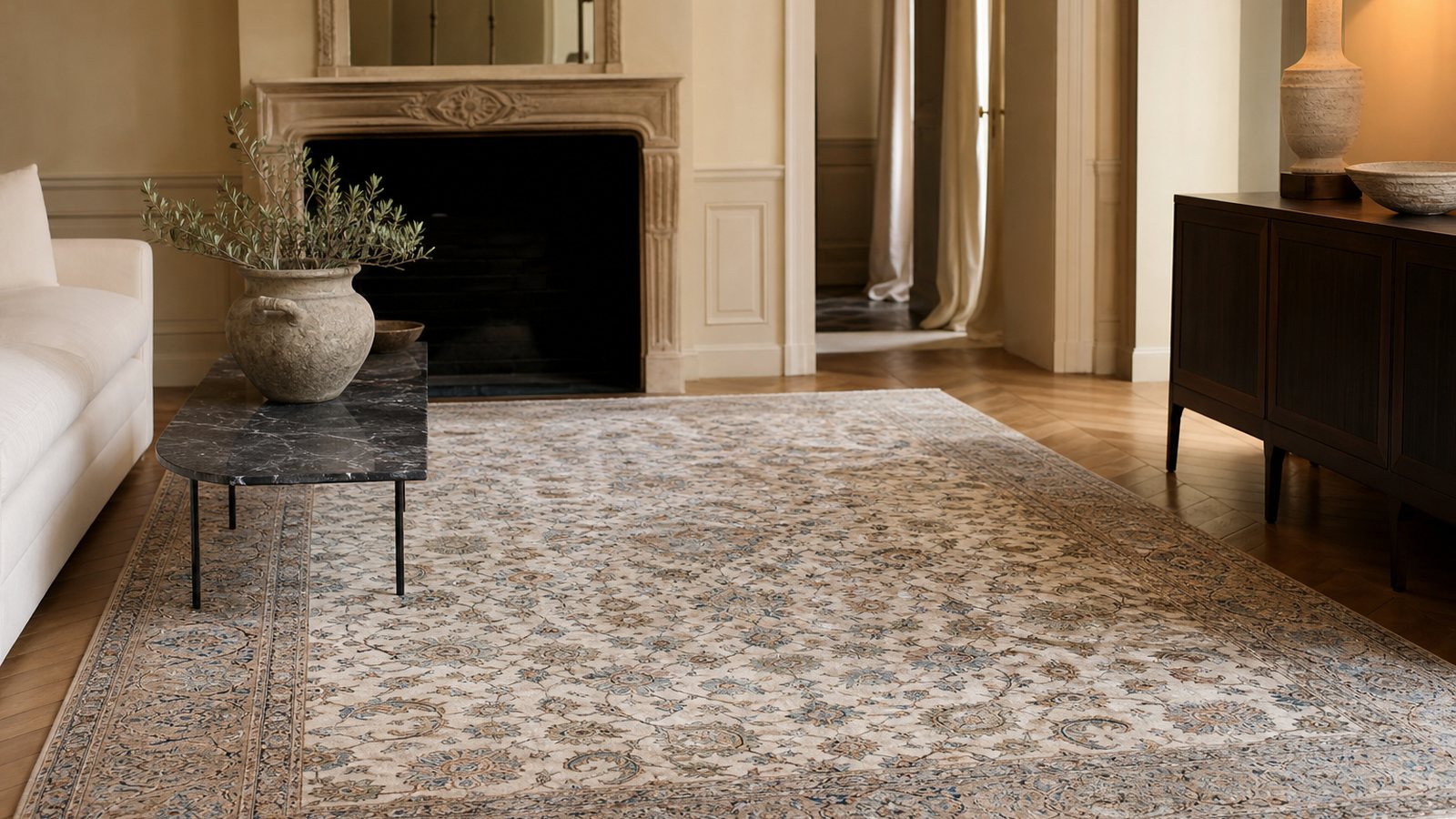 Tapis d'orient noue main dans un interieur raffine